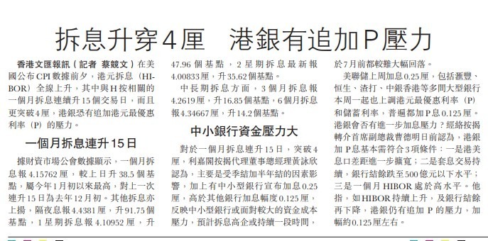 香港加息 | 港元拆息 (HIBOR) 升穿4厘 港銀有追加P壓力 | 文匯報 4 香港加息 | 拆息升穿4厘 港銀有追加P壓力
