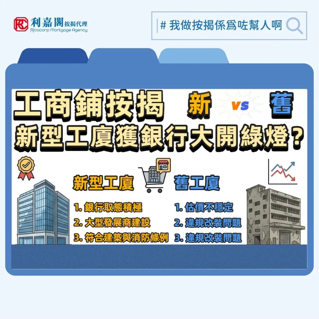 投資者進軍工商物業市場時往往會遇上一個難題：為何傳統主流銀行對舊工廈按揭總是嚴陣以待，甚至「企硬」不受理？相反，近期市場上一些標榜精緻面積、由大型發展商推售的「新型工作室工廈」卻能獲不少銀行大開綠燈？此背後其實牽涉物業合規性與銀行風險管理的深層邏輯。