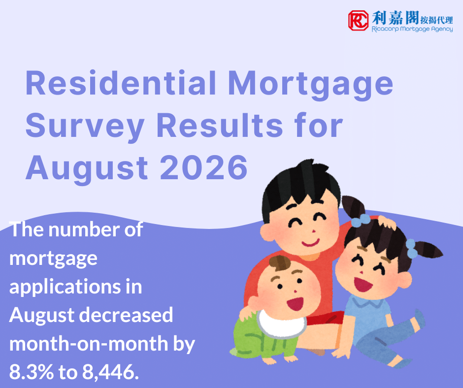 Residential Mortgage Survey Results for August 2026 3 The Hong Kong Monetary Authority announced the results of the residential mortgage survey for August 2026. The number of mortgage applications in August decreased month-on-month by 8.3% to 8,446.
